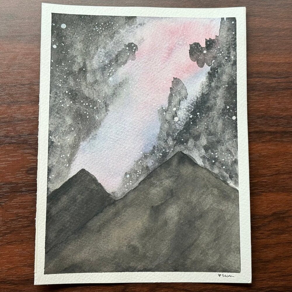 Art Watercolor Mountains and Galaxy Handmade